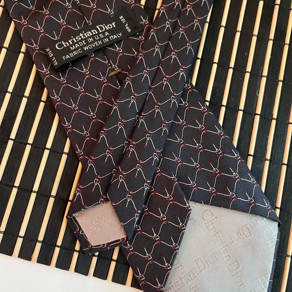 VTG 80s DIOR Navy Blue Silk Buckle Pattern Tie